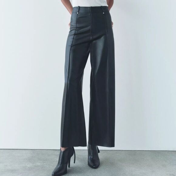 New Zara Women Black Leather Effect Wide Leg Trousers High-Waist Size US 12 NWT - Picture 1 of 9